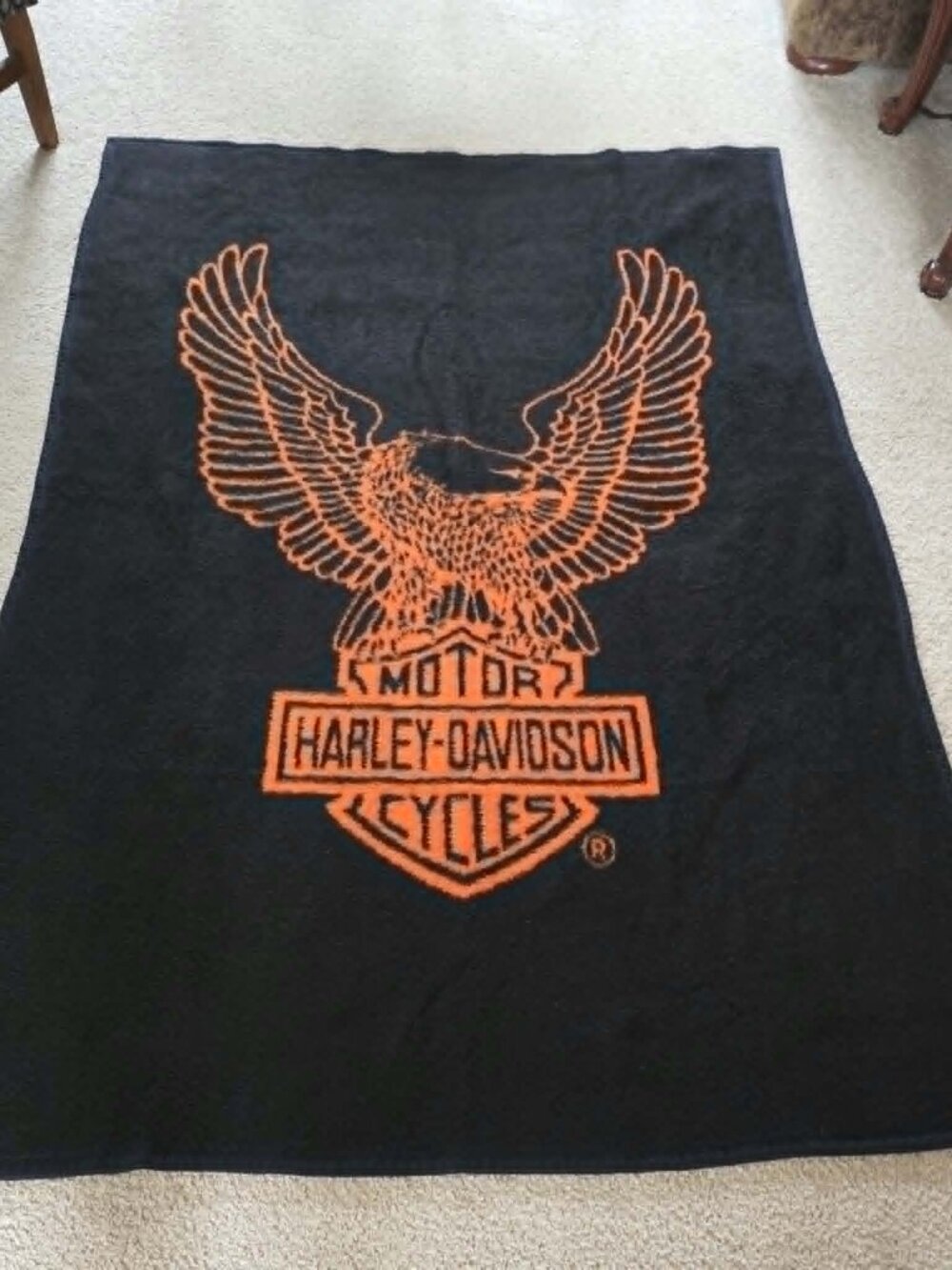 HARLEY DAVIDSON BLANKET BIEDERLACK REVERSIBLE EAGLE BLACK ORANGE 76 X 54 USA